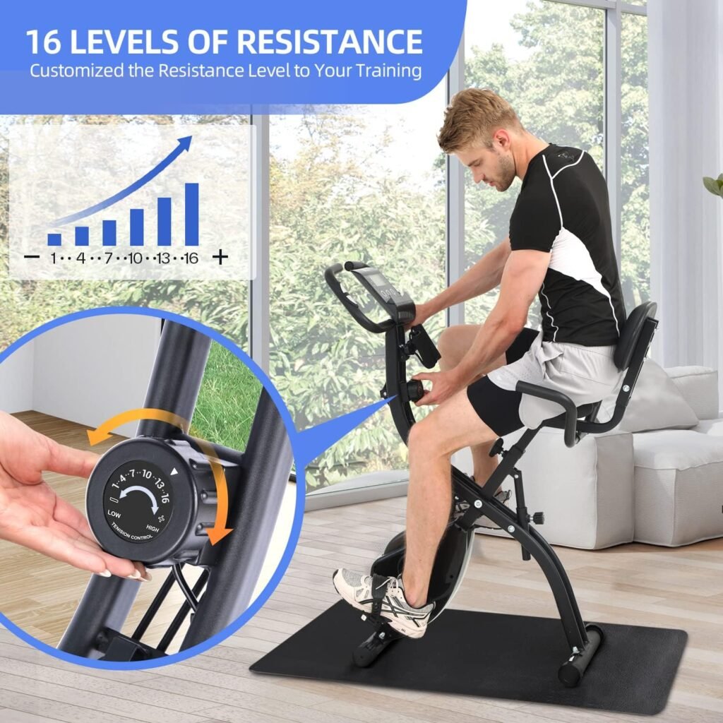 Foldable Exercise Bike Stationary Bike, Sportneer 4 in 1 Indoor Cycling Bike with 16 Level Magnetic Resistance Spin Bike with Arm Resistance Band and PVC Floor Mat Fitness Bike for Home Gym Workout