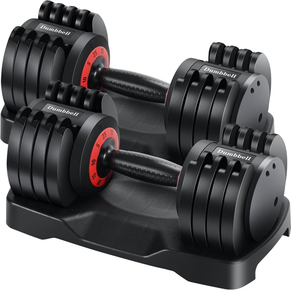 Rengue Adjustable Dumbbells, 25 lbs Pair Adjustable Dumbbells Set, Fast Adjustment Weight Dumbbell by Turning Anti-slip Handle, Exercises Dumbbells with Tray for Men and Women in Home Gym