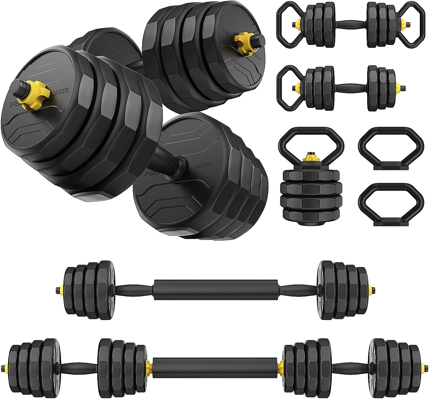 FEIERDUN Adjustable Dumbbells, 44/66lbs Free Weight Set with 4 Modes, Used as Barbell, Kettlebells, Push up Stand, Fitness Exercises for Home Gym Suitable Men/Women