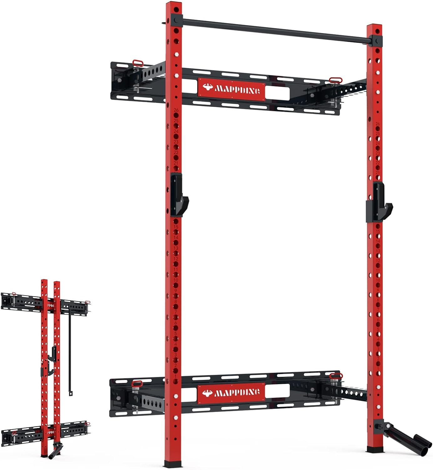 Mappding Folding Squat Rack Wall Mounted with Weight Bench, 1100LBS Foldable Squat Power Rack Weight Cage with Pull Up Bar and Partable Space Saving Free Standing for Home Gym Garage Workout
