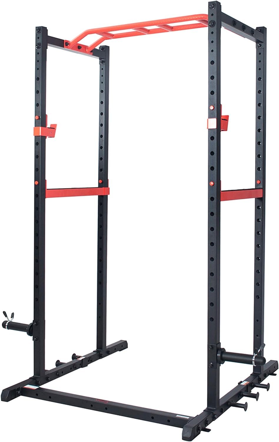 Sunny Health  Fitness Ultra Durable Power Zone Strength Rack Power Cage High Weight Capacity with Optional Lat Pull Down, Flat Bench, Adjustable Weight Bench, Spotter Bars