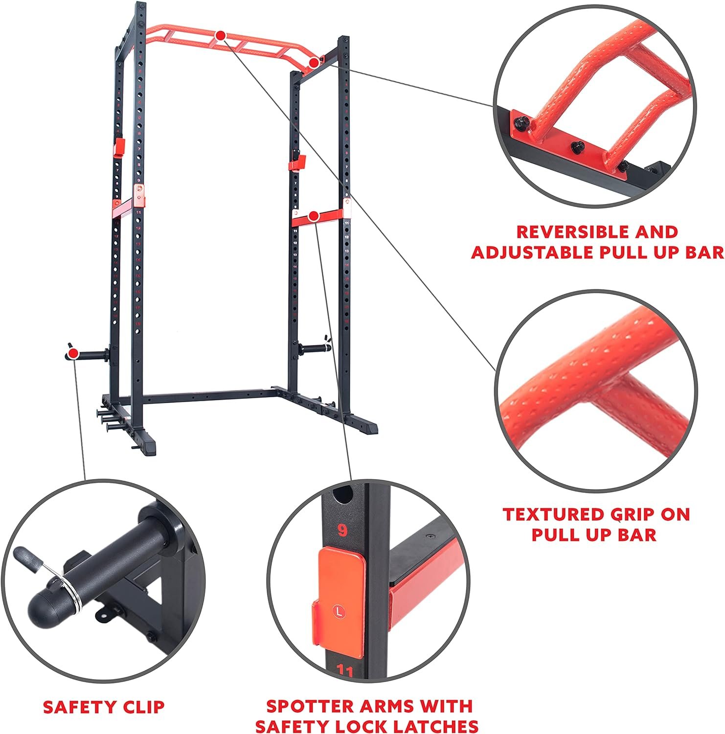 Sunny Health  Fitness Ultra Durable Power Zone Strength Rack Power Cage High Weight Capacity with Optional Lat Pull Down, Flat Bench, Adjustable Weight Bench, Spotter Bars
