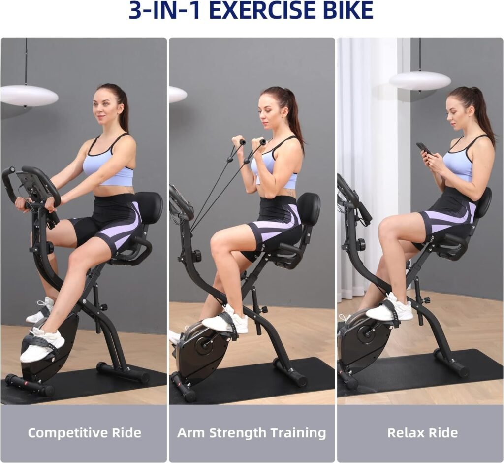 Foldable Exercise Bike Stationary Bike, Sportneer 4 in 1 Indoor Cycling Bike with 16 Level Magnetic Resistance Spin Bike with Arm Resistance Band and PVC Floor Mat Fitness Bike for Home Gym Workout