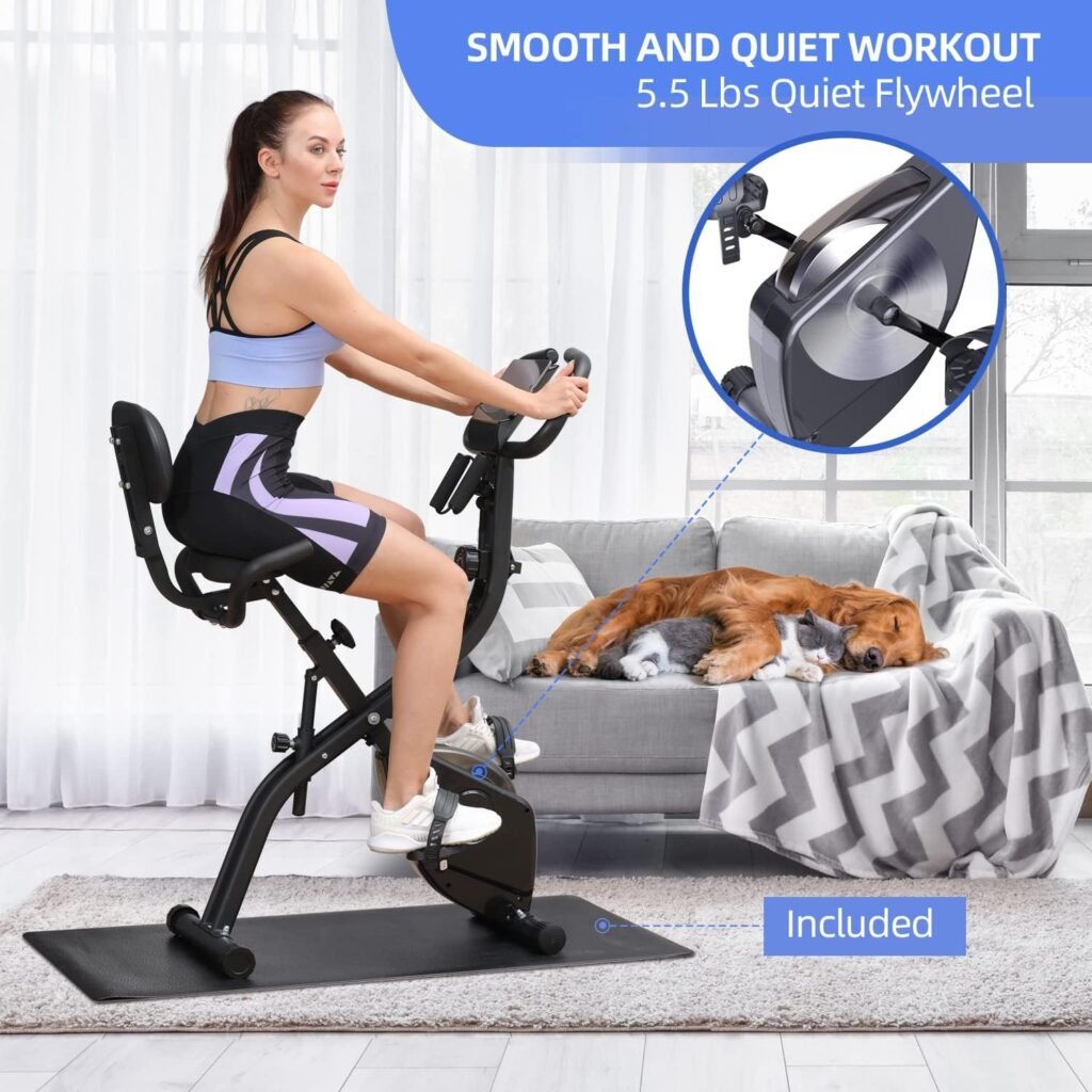 Foldable Exercise Bike Stationary Bike, Sportneer 4 in 1 Indoor Cycling Bike with 16 Level Magnetic Resistance Spin Bike with Arm Resistance Band and PVC Floor Mat Fitness Bike for Home Gym Workout