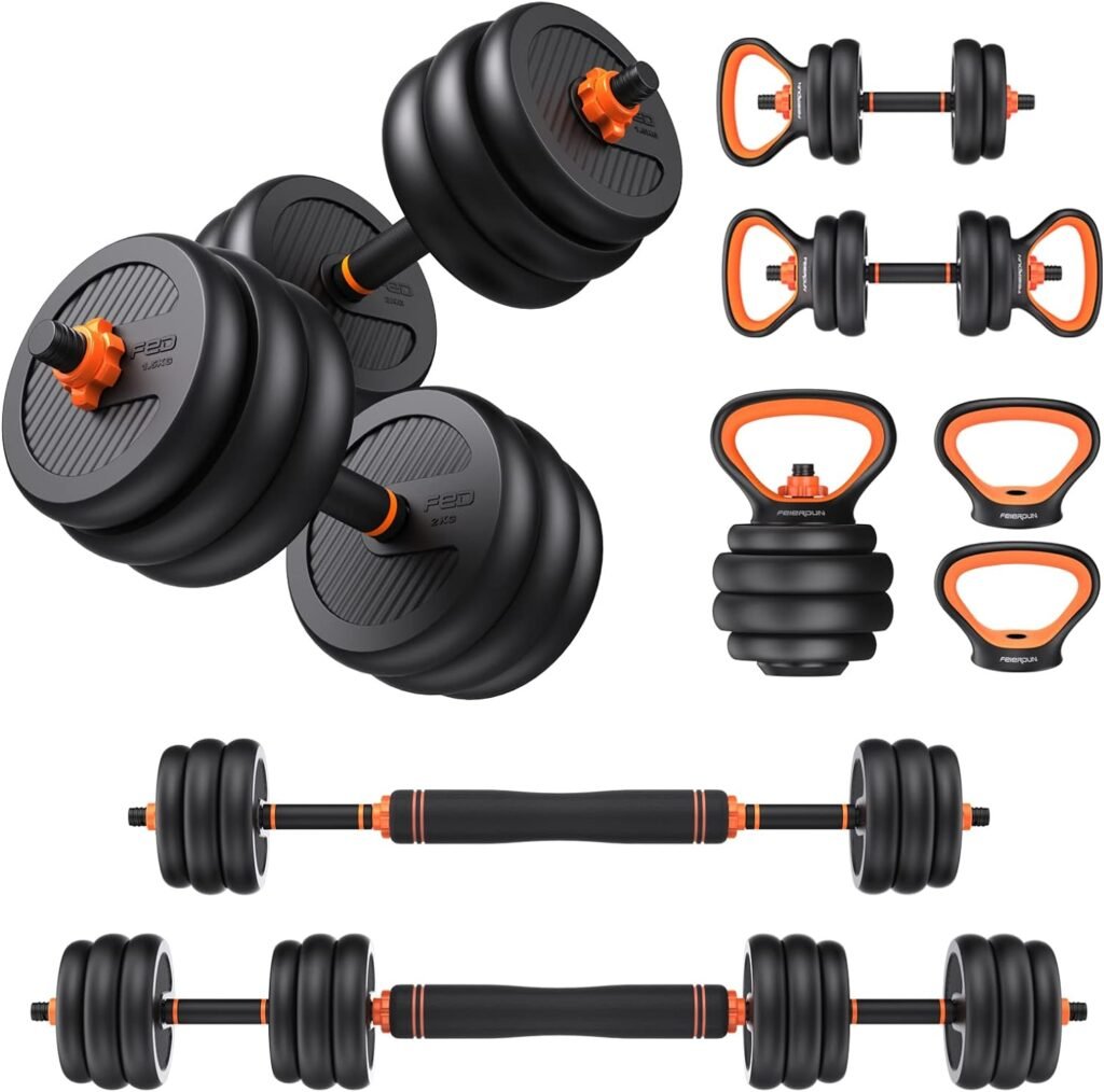 FEIERDUN Adjustable Dumbbells, 20/30/40/50/70/90lbs Free Weight Set with Connector, 4 in1 Dumbbells Set Used as Barbell, Kettlebells, Push up Stand, Fitness Exercises for Home Gym Suitable Men/Women