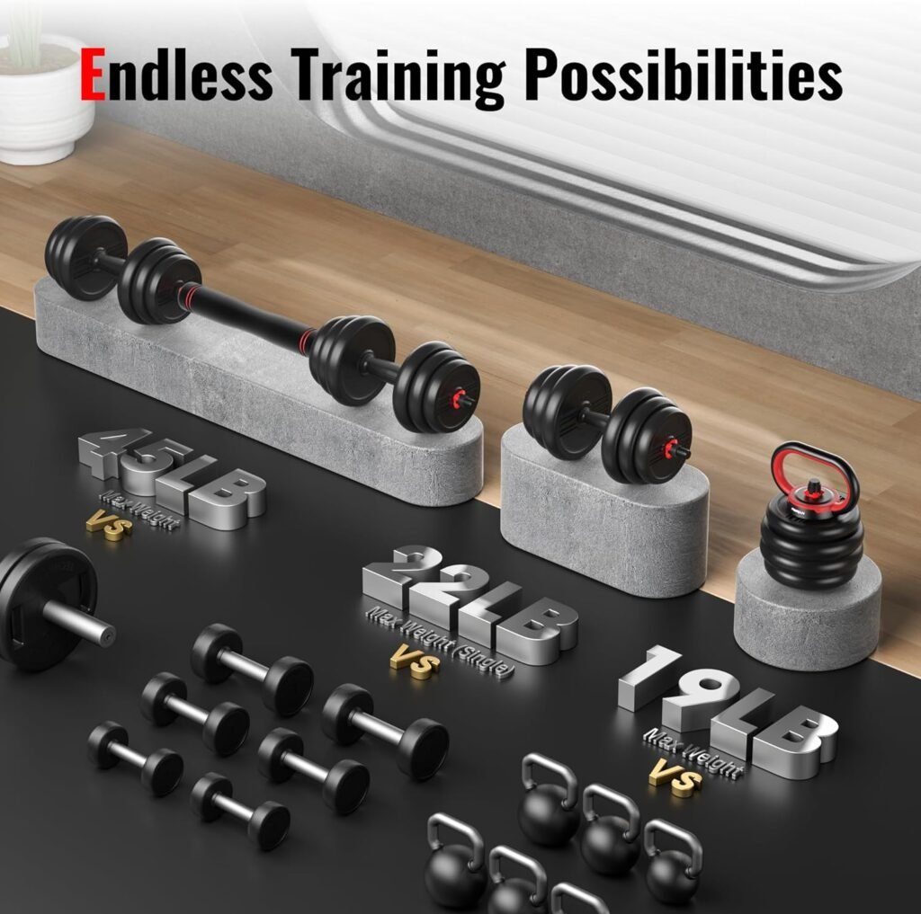 FEIERDUN Adjustable Dumbbells, 20/30/40/50/70/90lbs Free Weight Set with Connector, 4 in1 Dumbbells Set Used as Barbell, Kettlebells, Push up Stand, Fitness Exercises for Home Gym Suitable Men/Women