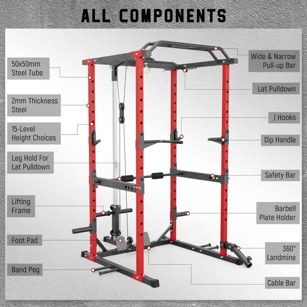 Major LUTIE Power Cage, PLM05 All-in-One 1200lbs Capacity Power Rack with LAT Pull Down and Landmine Attachment for Home Gym, Weight Cage with T Bar Dip Bar J-Hook