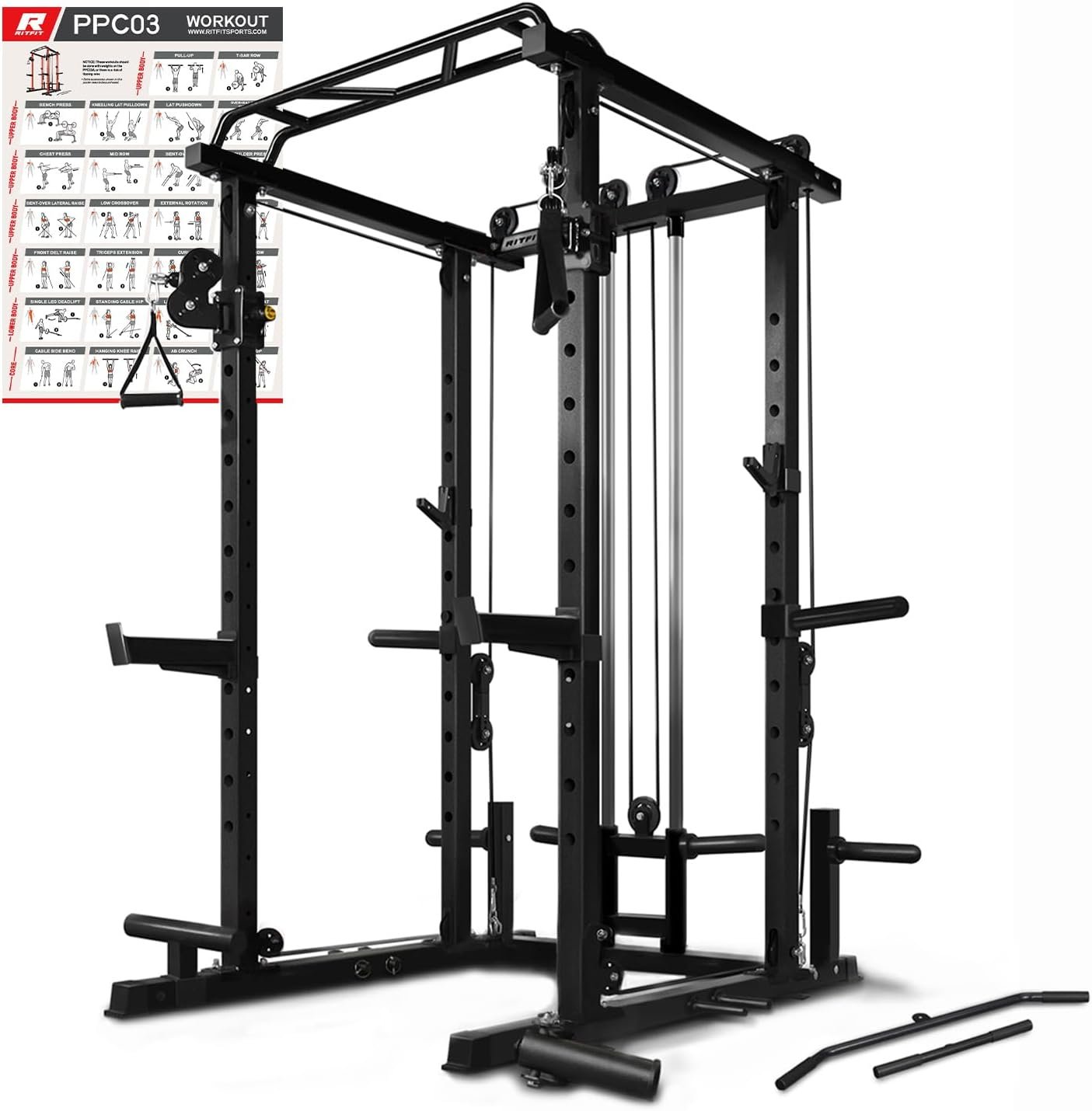 RitFit Power Cage with Optional LAT PullDown/Cable Crossover/Smith Machine System, 1000LB Squat Rack for Home  Garage Gym, with Weight Storage Rack and More Training Attachments, ASTM-Certified