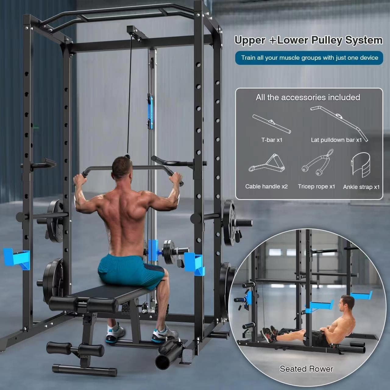 ULTRA FUEGO Power Cage, Multi-Functional Power Rack with J-Hooks, Dip Handles, Landmine Attachment and Optional Cable Pulley System for Home Gym